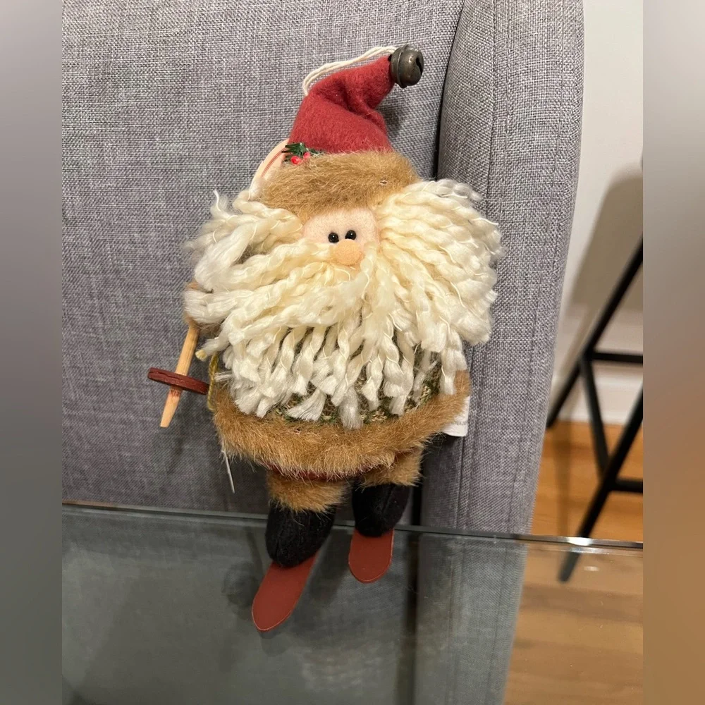 Vintage Festive Santa skiing Plush Ornament - Cream and Brown